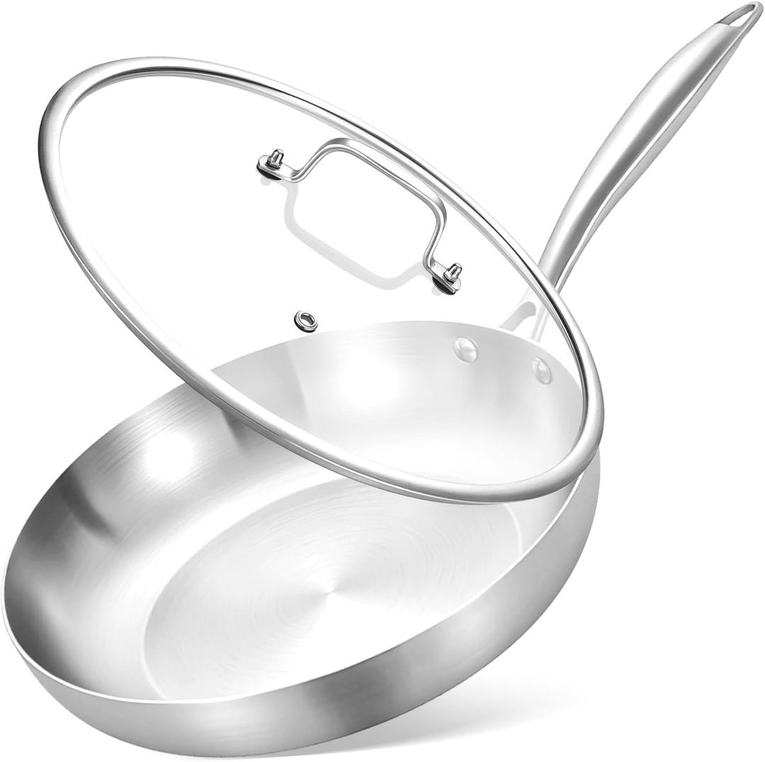 Inqibee 8.5 Inch Tri-Ply Stainless Steel Frying with Lid,Small Skillet,Induction Cooking Pan,Dishwasher and Oven Safe