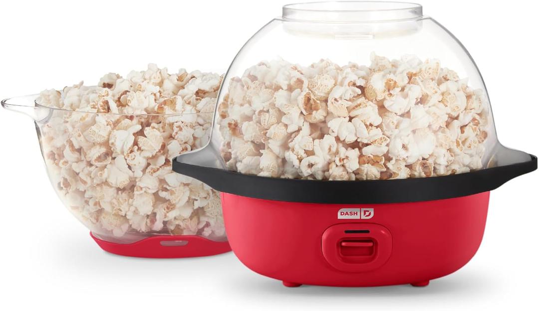 Dash SmartStore Stirring Popcorn Maker - Hot Oil Electric Popcorn Popper with Butter-Warming Tray, Clear Serving Bowl & Measuring Cup - 12 Cups, Red