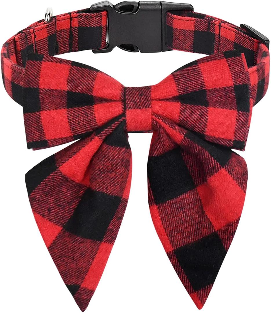 Malier Christmas Dog Collar with Bow tie, Christmas Classic Plaid Dog Collar Soft Durable Holiday Dog Collar for Small Medium Large Dogs Pet Puppy (Red & Black, Large)