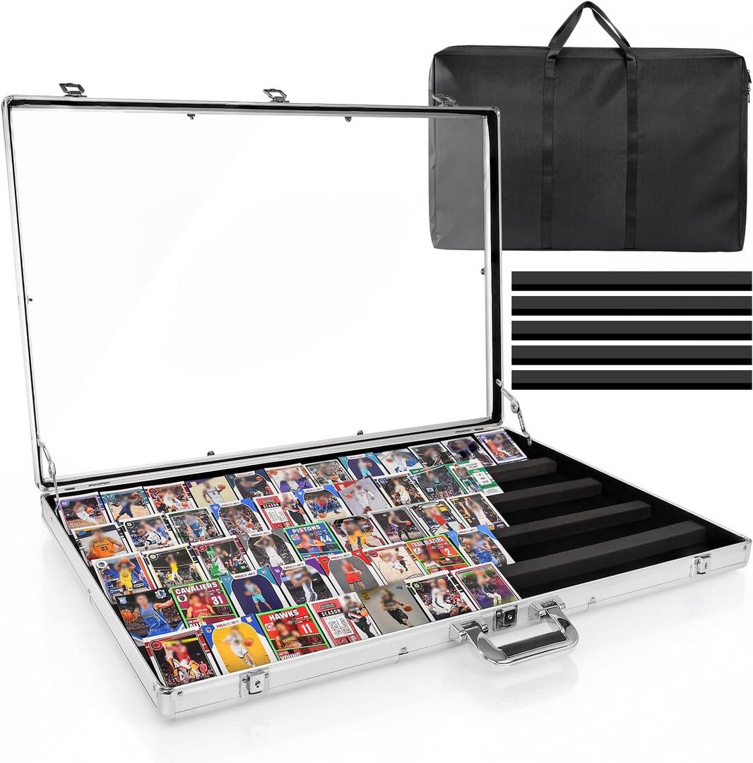 Card Show Display Case with Carry Bag–34"x22" Card Vendor Display case Large Aluminum Locking Tabletop Showcase for Trading, Sports Cards, for TCG Cards & Collectibles Exhibitions, Silver