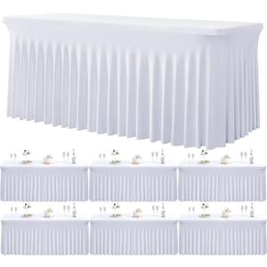 6 Pack Spandex White Table Clothes for 6 Foot Rectangle Tables, Wrinkle Free Stretch Table Cloths 6ft Fitted Tablecover Desk Skirt for Birthday Parties Wedding Banquet Baby Shower