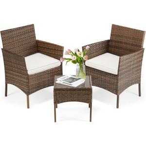 DUMOS Patio Furniture Set 3 Pieces, Outdoor Wicker Furniture with Coffee Table, Modern Rattan Patio Chairs Conversation Sets with Sofa for Garden, Terrace, Porch, Balconies, Lawns, Brown