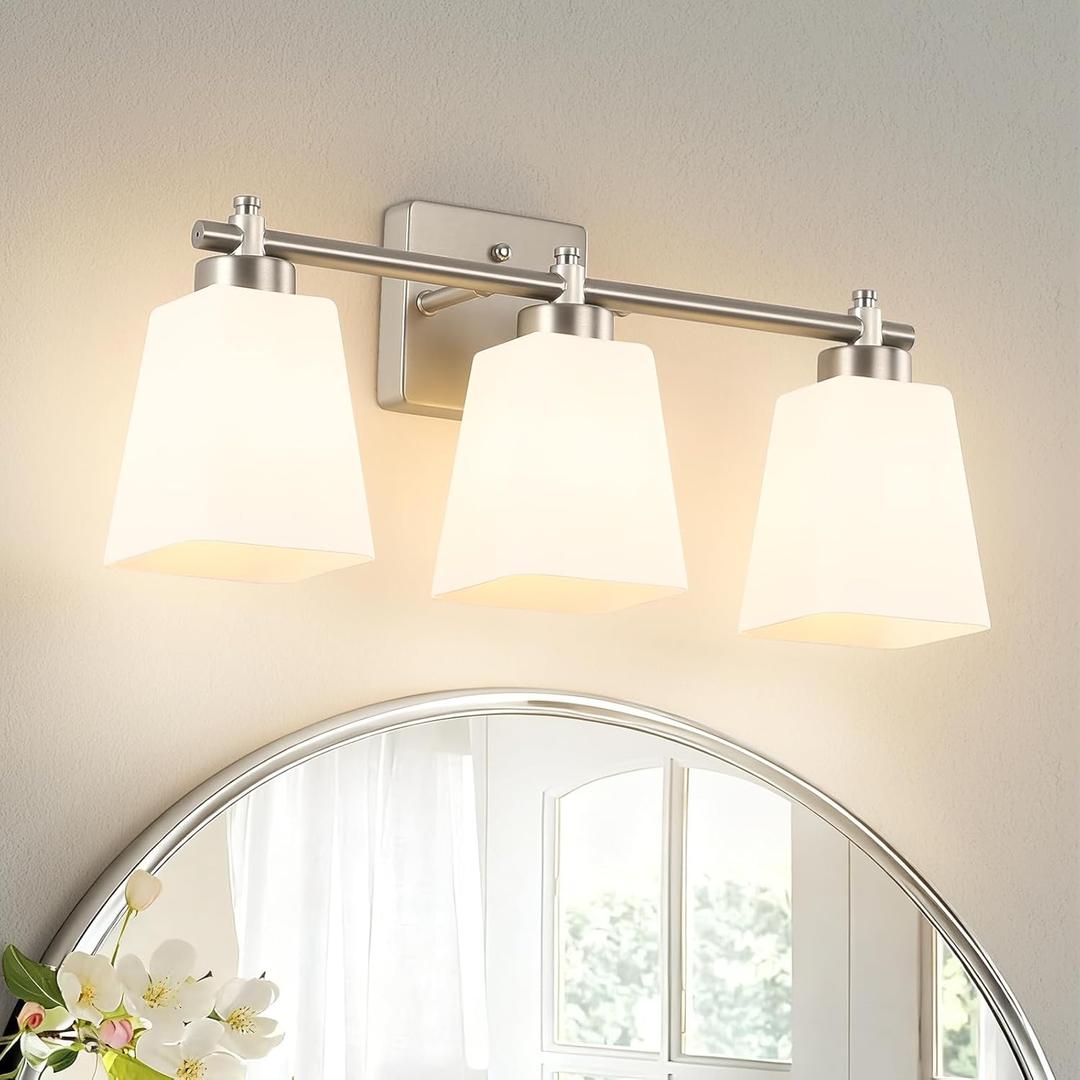 3-Light Modern Bathroom Vanity Light, Wall Sconce Over Mirror with Milky White Frosted Glass Shades, E26 Socket (Bulbs Not Included) (20-Inch, Nickel)