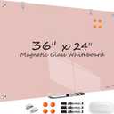 Glass Whiteboard, 36x24 Inches Magnetic Glass Dry Erase Board, Pink White Board for Wall Office School Classroom Home, 3x2 Feet Large White Board Wall Mounted