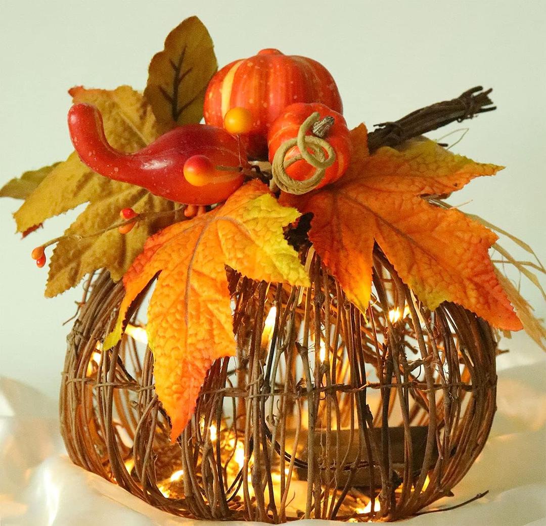 8 Inch Lighted Pumpkin Fall Decor  LED Thanksgiving Decoration with Maple Leaves, Berries, and Pumpkin, Autumn Harvest Centerpiece for Table, Indoor Outdoor Outdoor Pumpkins for Porch Home Display