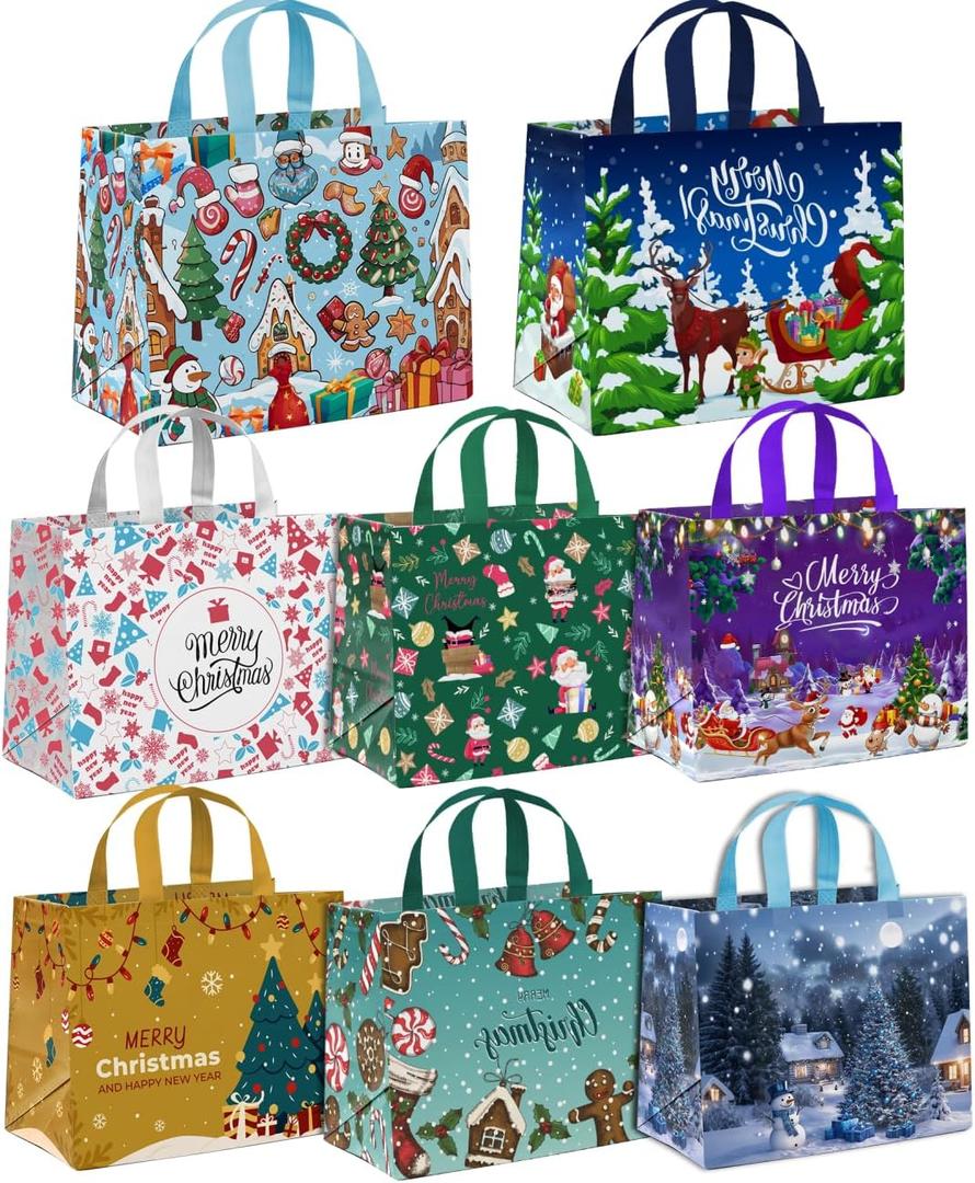 AURUZA 8PCS Christmas Gift Bags with Handles - Assorted Colors & Patterns, Reusable Non-Woven Tote Bags for Holiday Gift Wrapping & Party Supplies