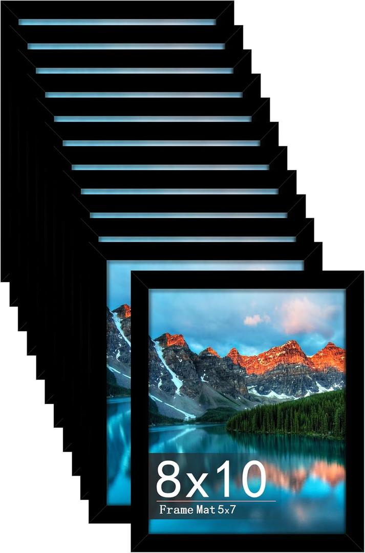 Picrit 8x10 Picture Frame Set of 12, Display 5x7 with Mat or 8x10 Without Mat, Photo Frames for Wall Mounting or Table Top Display, Black.