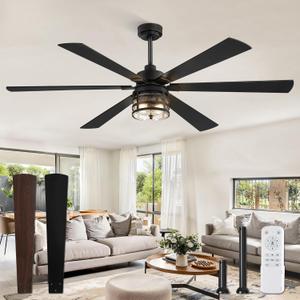 65" Farmhouse Ceiling Fans with Lights and Remote,Industrial Large Ceiling Fan with 6-Speed Reversible DC Motor and 6 Dual Finish Blades,Black Ceiling Fan with Light for Living bedroom Patio (Black and Walnut)