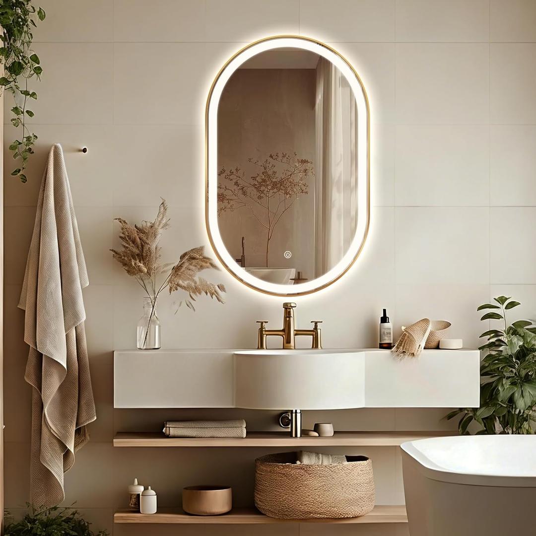 32"x20" Oval LED Bathroom Mirror, Oval Lighted Vanity Bathroom Mirror with Gold Frame Anti Fog Smart Mirror with 3 Colors Dimmable for Makeup, Frontlit, Waterproof Horizontal/Vertical
