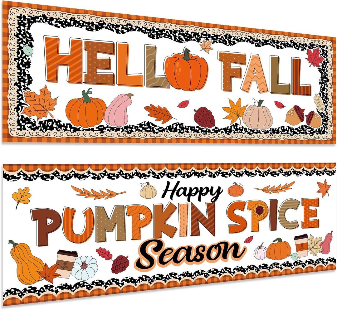 Harloon 2 Pcs Thanksgiving Classroom Decor 13.8 x 38.6 Inch Thanksgiving Bulletin Board Decoration Fall Pumpkin Spice Banner Decor for Autumn Harvest School Wall Indoor Outdoor Bulletin Board Supplies