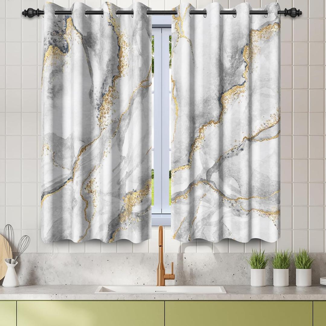 Renaiss 26 x 36 Inch White Marble Kitchen Curtains Blackout Grey Golden Luxury Abstract Small Short Cafe Window Tier Curtains Grommet White Modern Texture Ink Bathroom Window Treatment Drapes 2 Panels