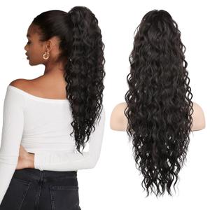 SEIKEA 24" Highlight Ponytail Extension Claw, PT002 Tia Long Multi Layered Fluffy Thick Wavy Jaw Clip in Fake Pony Tails Fake Hair Soft Natural Synthetic Hairpiece Black Brown