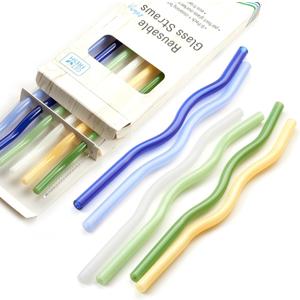 GET FRESH Reusable Wavy Glass Drinking Straws Set - 6pcs Colored Straws from Borosilicate Shatter Resistant Glass - Coloured Dishwasher Safe Wavy Cocktail Straws