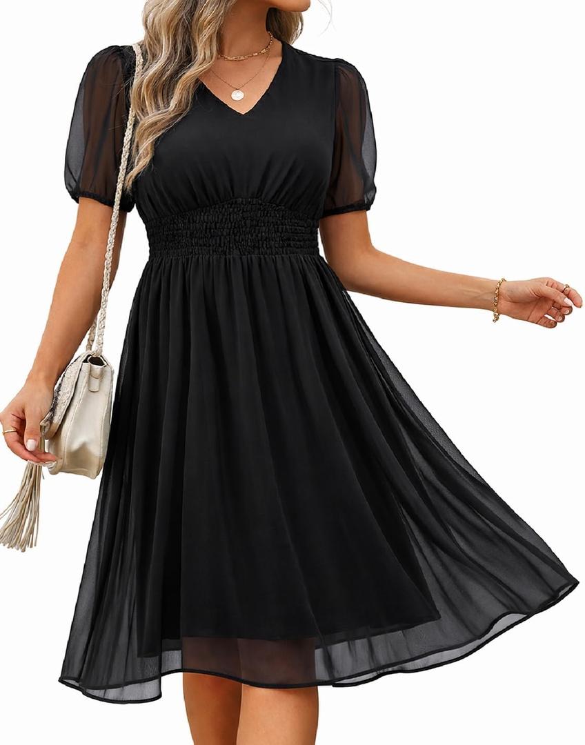 Holipick Women Summer Casual Dress Wedding Guest V Neck Short Sleeves Smocked Waist Chiffon Swing Knee Length Midi Dresses (Black, XL)