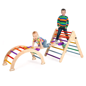 Agiyimi 4 in 1 Pikler Triangle Climber, Foldable Wooden Triangle Ladder Montessori Climbing Toys with Ramp Arch Climber Rocker Indoor Outdoor Gym Playground Climbing Toys for Toddlers(Multicolor)