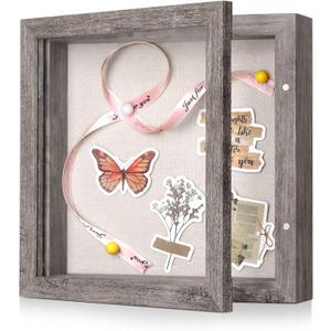 8x8 Shadow Box Frame with Linen Back - Sturdy Rustic Memory Display Case of Flower, Pictures, Medals and More, Rustic Gray