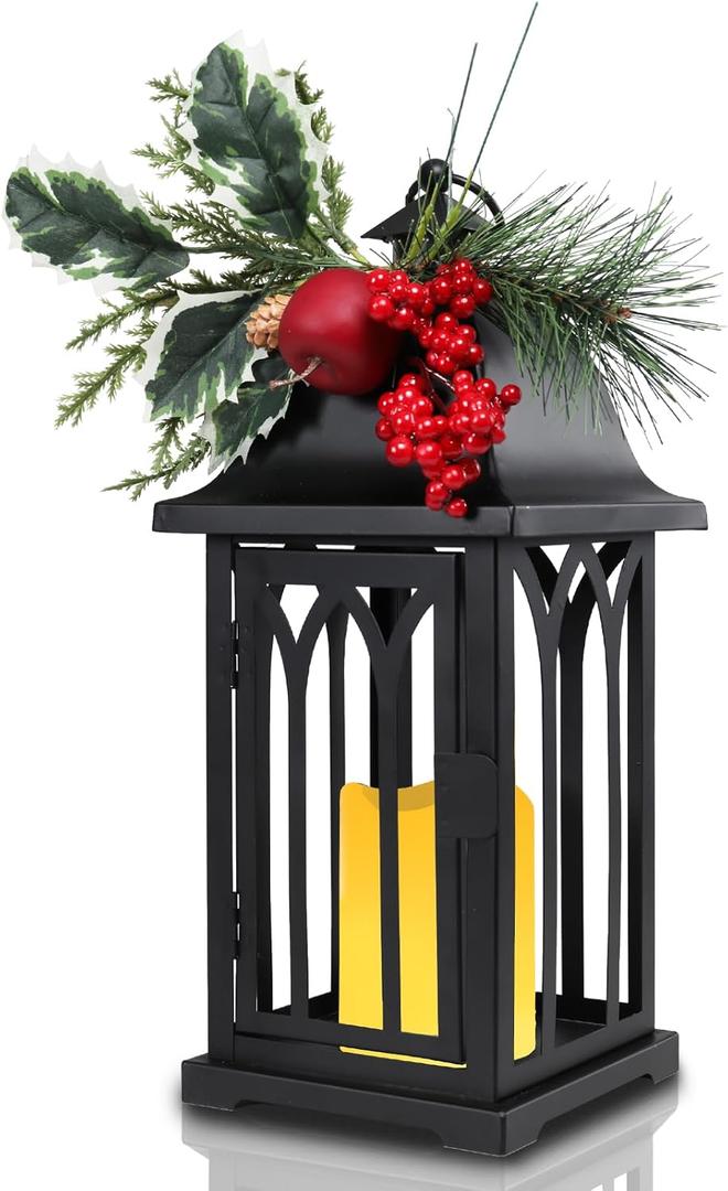Taman Christmas Lantern, 15.5" Decorative Hanging Candle Lantern Metal Vintage Light Battery Operated for Outdoor Christmas Patio Garden, Table,Party Decor, 1 Pack