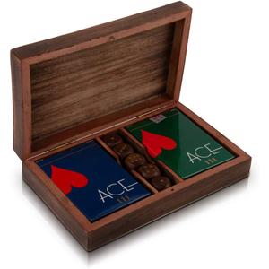 Birthday Gift Ideas Handcrafted Classic Wooden Playing Card Holder Deck Box Storage Case Organizer With Dice & Two Packs of Premium Quality 'Ace' Playing Cards For Men Women