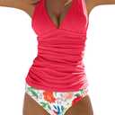 Beachsissi Women's Cute Floral Print Swimsuits V Neck Tummy Control Tankini Set (Medium)