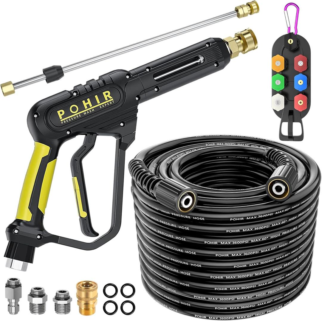 POHIR Pressure Washer Gun and 50FT Hose Kit, 3600 PSI Power Washer Gun Comes With 15in Extension Wand Parts 7 Nozzle Tips Quick Connect Set For Home Cleaning and Car Washing (Mate Black)