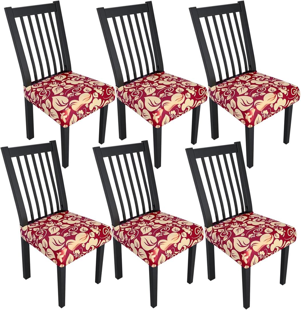 Stretch Dining Chair Seat Covers Set of 6,Dining Chair Slipcovers, Floral Printed Chair Covers,Soft Fabric Washable Upholstered Chair Seat Protector, No Rear Covers for Home Kitchen Dining Room (Redflame Flowers)