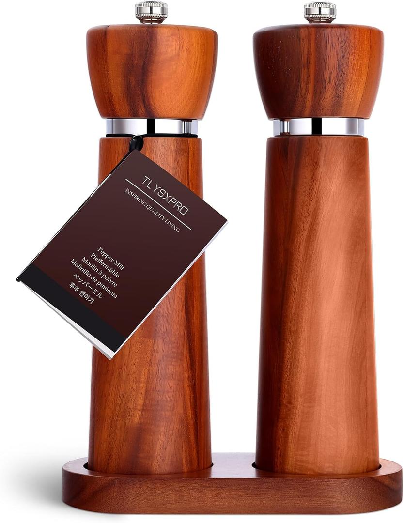 Wooden Salt and Pepper Grinder Set  Refillable Salt and Pepper Mill with Adjustable Upgraded Large Size Ceramic Burr  Manual Pepper Grinder with Acacia Wood Body  8.3 Tall