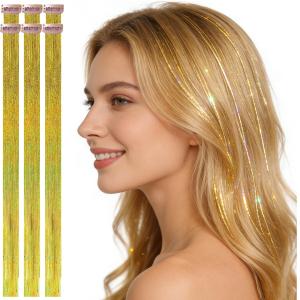 Celinebella Gold Clip in Hair Tinsel 6Pcs Heat Resistant Shiny Hair Extensions for Women Teens Daily Wedding Prom Accessories (02-Holographic Gold)