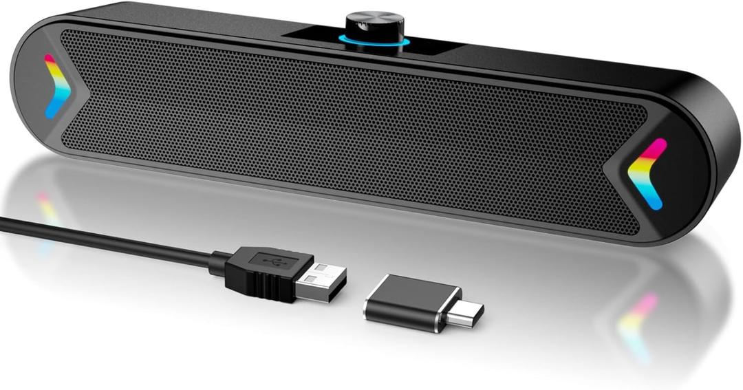 LENRUE Computer Speakers for Desktop,PC Speakers with Basic Stereo Sound & Colorful Lights, Single USB for Both Power and Audio,Desktop Laptop Sound Bar Speakers for Gaming,Movies,Music, Black