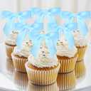 JarThenaAMCS 30Pcs Bow Cupcake Toppers Pre-Tied Blue Satin Ribbon Bow Cupcake Picks Coquette Cake Decorations for Birthday Baby Shower Wedding Party Supplies