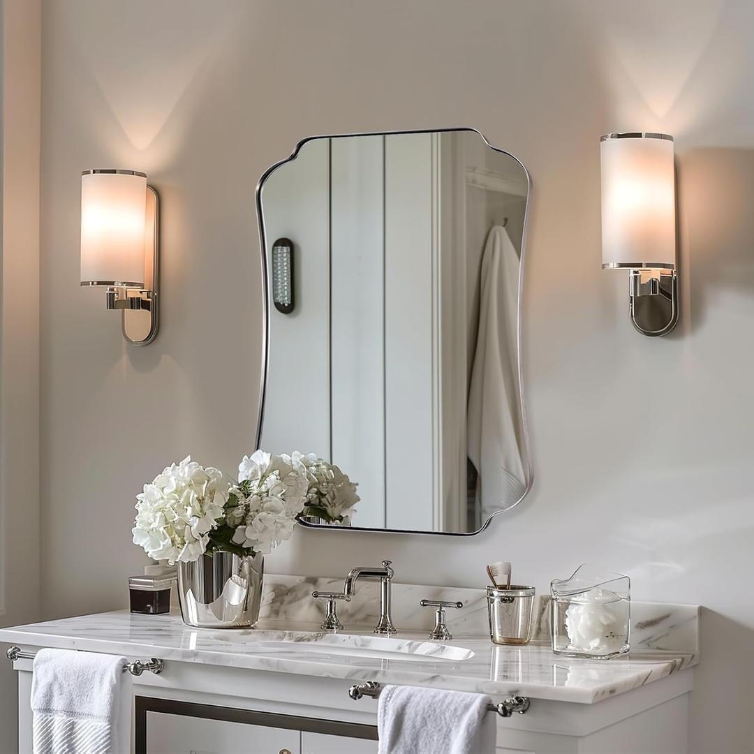 ANDY STAR 24"x32" Brushed Nickel Mirror, Scalloped Bathroom Wall Mirror with Metal Frame for Vanity, Vintage Design Ideal for Entryway, Living Room & Bedroom Decor