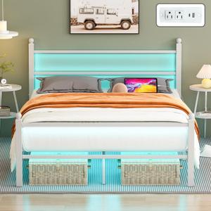 Full Size Bed Frame with Headboard and Footboard,White Metal Platform Bed Frames with LED Lights and USB Charging Station,Heavy Duty Metal Slats,No Box Spring Needed,Sturdy&Noise Free