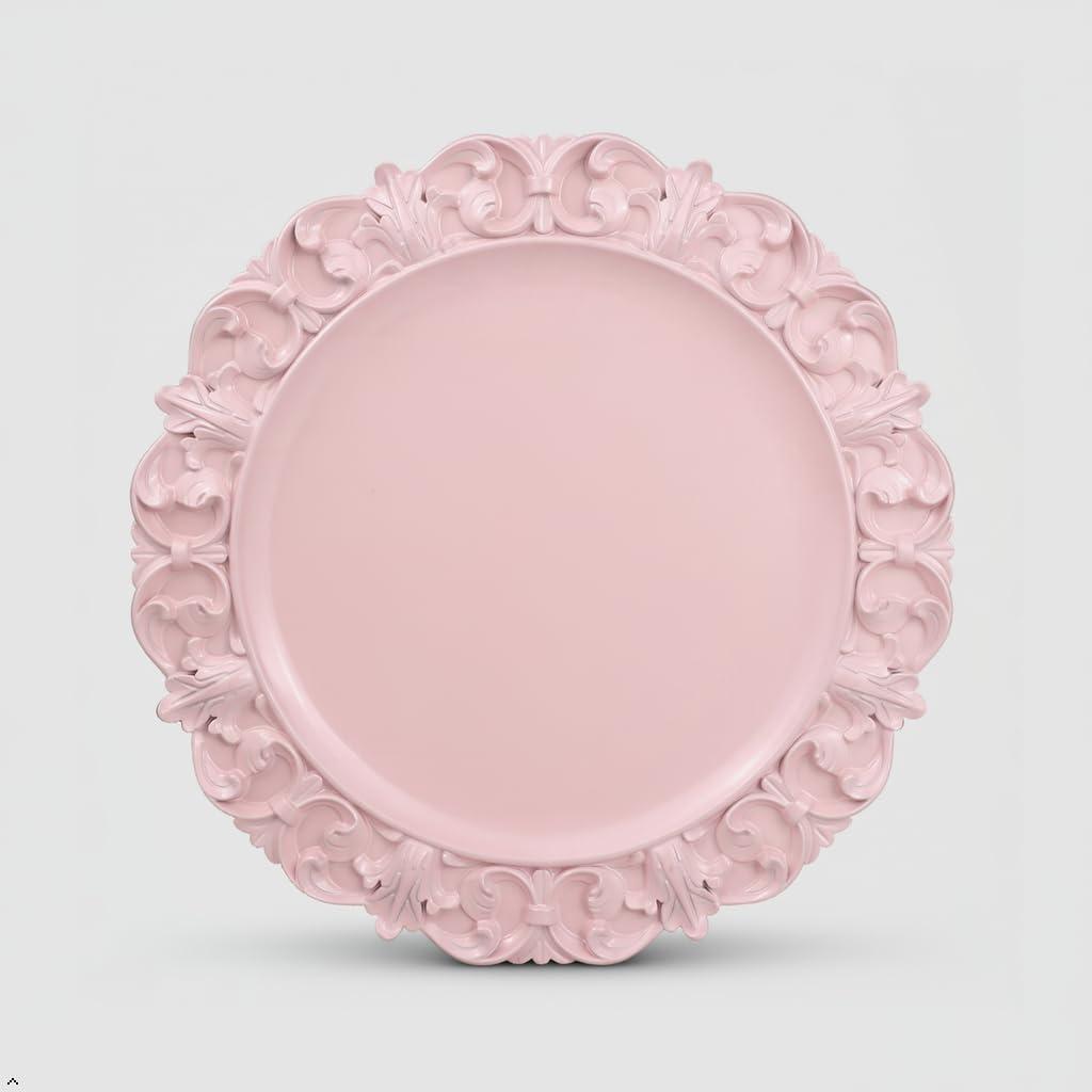 13" Pink Charger Plates, Set of 6 Plastic Textured Chargers for Dinner Plates with Embossed Rim, Table Décor, Party, Wedding, Holiday (FD08P)