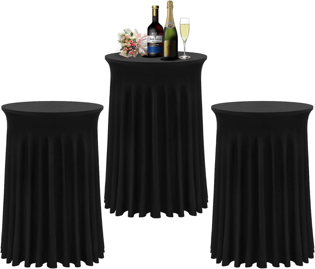 BDDC Cocktail Table Covers - 3 Pack 32"x 43" Black Cocktail Table Tablecloth with Natural Wavy Round Skirt for Bar Wedding Party Banquet
