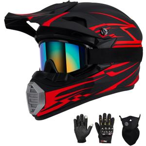 Youth Kids Motocross Helmet DOT Approved, Adult ATV Dirt Bike Off-Road Full Face Motorcycle Helmet with Goggles Gloves Mask for Boys Girls,Lightweight Breathable for Riding (Medium, Red)
