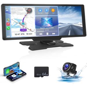 10.26 Inch 1080P HD Portable Touchscreen Car Stereo with Wireless Carplay Android Auto Screen for Car, Mirror Link, GPS, Dual Bluetooth, Voice Control, AUX/FM for All Vehicles