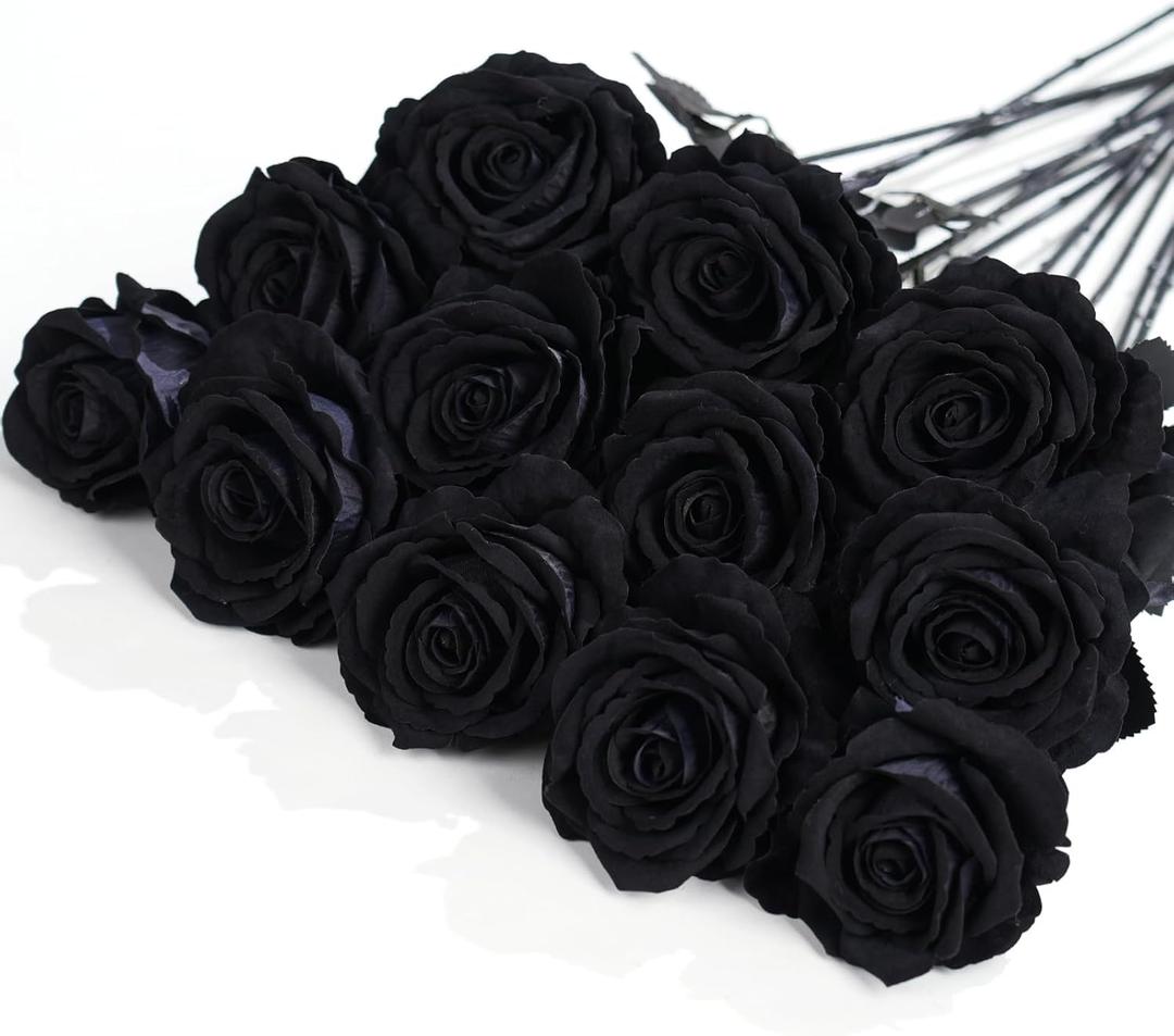 12 Pcs Black Roses Artificial Flowers with Long Stem, Faux Silk Rose Bouquet Realistic Lifelike Fake Floral Bundles for Halloween Valentine's Day Wedding Party Table Centerpiece Decor, Large