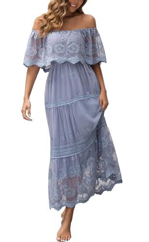 Women's Off The Shoulder Embroidered Lace Maxi Wedding Dress Boho Brides Bridesmaid Wedding Guest Party Maternity Photoshoot Dresses Grey Blue 2XL