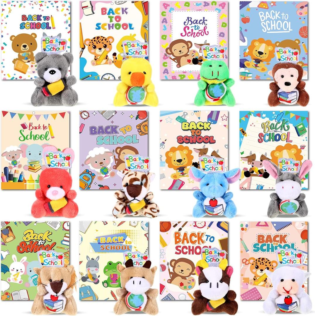 30 Pcs 15 Sets Back to School Mini Stuffed Animals Bulk with Cards First Day of School Mini Animal Plush Toy Soft Plush Doll for Party Favor Classroom Exchange Prizes