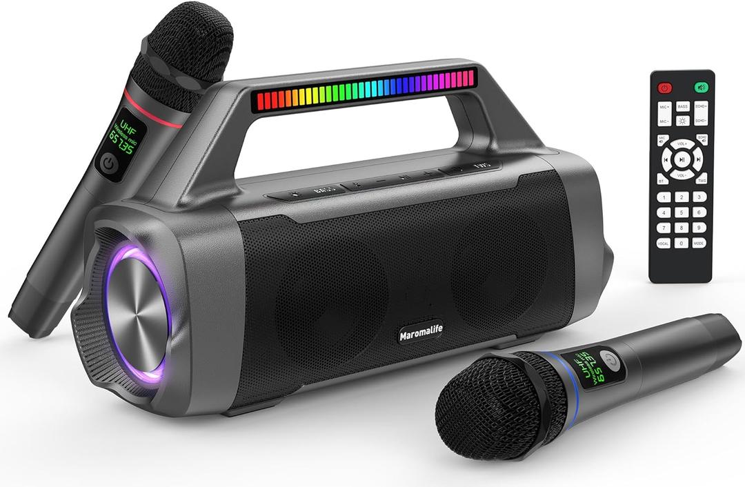Karaoke Machine with Two Wireless Microphones, Portable Bluetooth Speaker for 100W Stereo Sound, IPX7 Waterproof Speaker with Remote Control Supports for USB,AUX,TWS,40H Playtime,BT 5.3,Rhythm Light