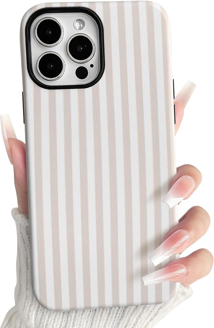 NITITOP Compatible with iPhone 14 Pro Max Case Matte Cute Vertical Stripes for Women Girls Men Boy Striped Pattern Hybrid 2 Layers Back Shockproof Protective Cover - Apricot