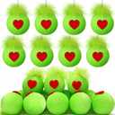 HyDren 16 Pcs Christmas Lime Green Velvet Balls for Tree 2.4 Inch Flocked Green Hanging Ornaments with Red Heart Decorations Xmas Round Pom Pom Balls for Indoor Home Decor Holiday Party Supplies