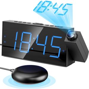 Mesqool Projection Alarm Clock, Loud Vibrating Alarm Clock for Heavy Sleepers, Adjustable Projection Brightness,Hearing Impaired & Deaf People, Digital Alarm Clock with USB Charging Port (Blue Digits, Blue Projection)