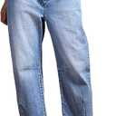 Flamingals Straight Leg Jeans for Women Mid Rise Barrel Cropped Casual Wash Stitch Detail Denim Jeans Without Belt (Large, Light Blue)