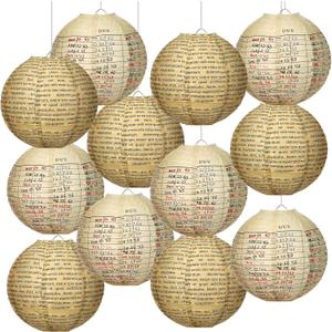 Baquler 12 Pcs Vintage Book Hanging Paper Lanterns Party Decorations, 8 Inch Round Paper Lanterns Ceiling Decor for Classroom Wedding Natural Baby Shower Birthday Party Supplies (Brown)