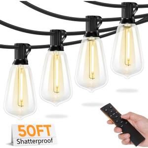 Brightever 50FT Outdoor String Lights with Remote, LED String Lights for Outside with 16 Shatterproof ST38 Vintage Edison Bulbs, 3 Modes 2 Timer Dimmable Outside Lighting for Patio, Gazebo, Deck, Yard (50FT-Warm White, Black)