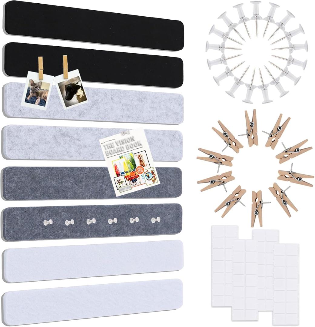 Vuzvuv 8 pcs Bulletin Board Bar Strips No Adhesive Backing with Glue Points Self Adhesive Cork Board for WallFelt Pin Board for SchoolOffice Decor(Black White Grey)