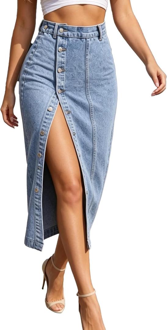 Nihsatin Women's Button Front Split Denim Midi Skirt High Waist Slim Fit Pencil Skirt (Medium, Blue)
