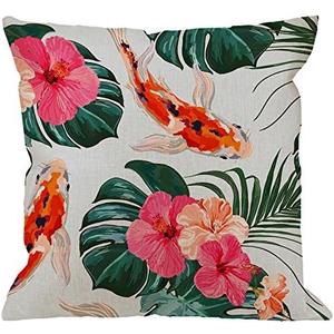HGOD DESIGNS Fish Pillow Covers,Decorative Throw Pillow Koi Fish with Floral Tropical Palm Leaves Pillow Cases Cotton Linen Outdoor Indoor Cushion Covers for Home Sofa Couch 18x18 Inch, Green Pink