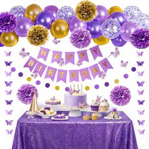 Purple Birthday Decorations for Women & Girls with Butterfly Hanging Garland, Happy Birthday Banner, Balloons, Paper Flowers & Cake Toppers