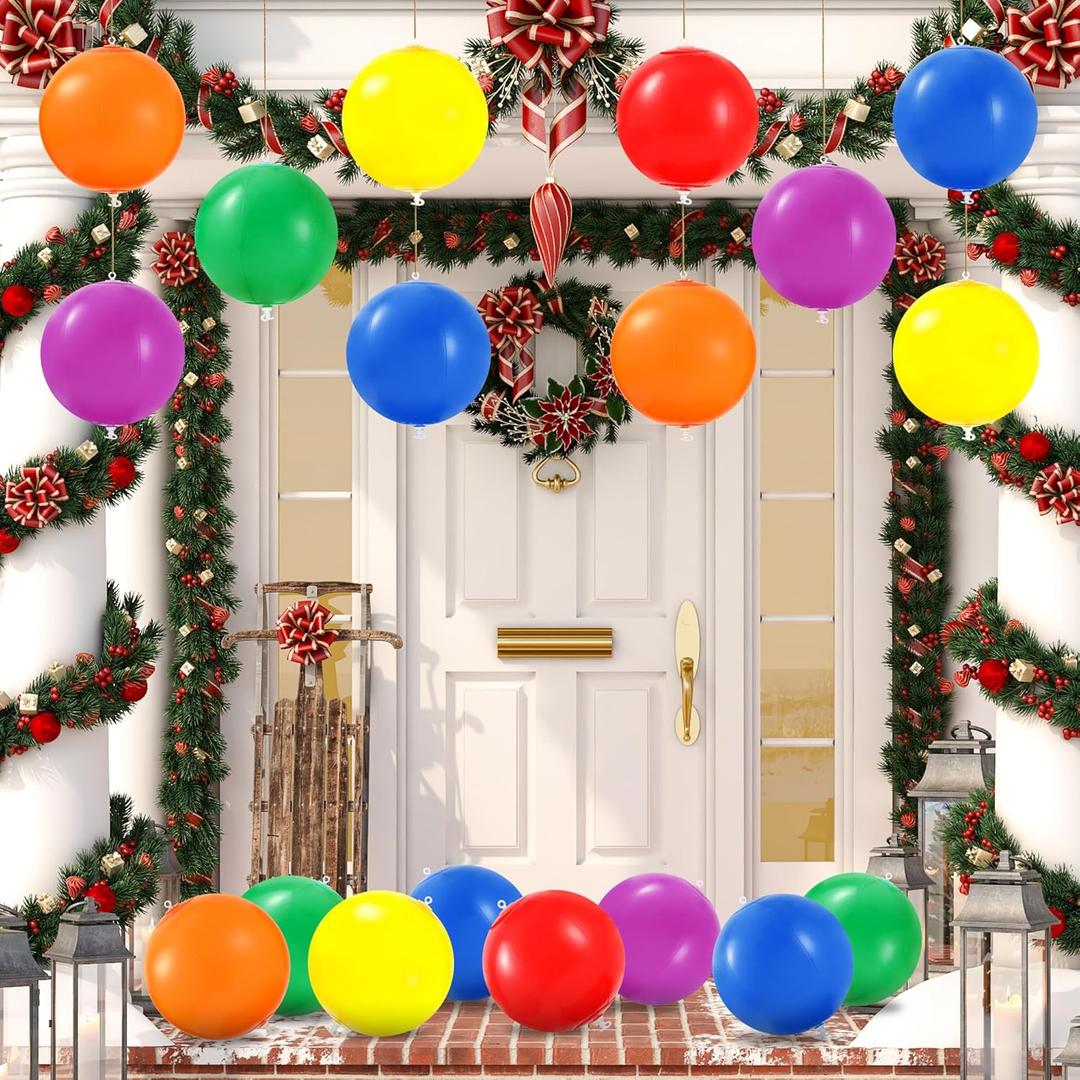 24 Pcs 7.5Inch Christmas Inflatable Ball Neon Color Outdoor Hanging Ornament Blow Up Xmas Inflatable Ornament PVC Christmas Decoration for Yard Lawns Porch Garden Front Door Holiday Decor(Solid Color)